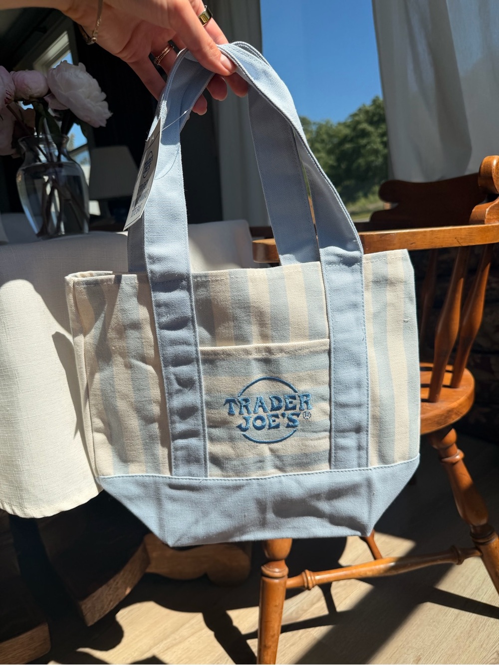 VIRAL 2026 Trader Joe's Light Blue and Cream Striped Canvas Tote - Picture 2 of 4
